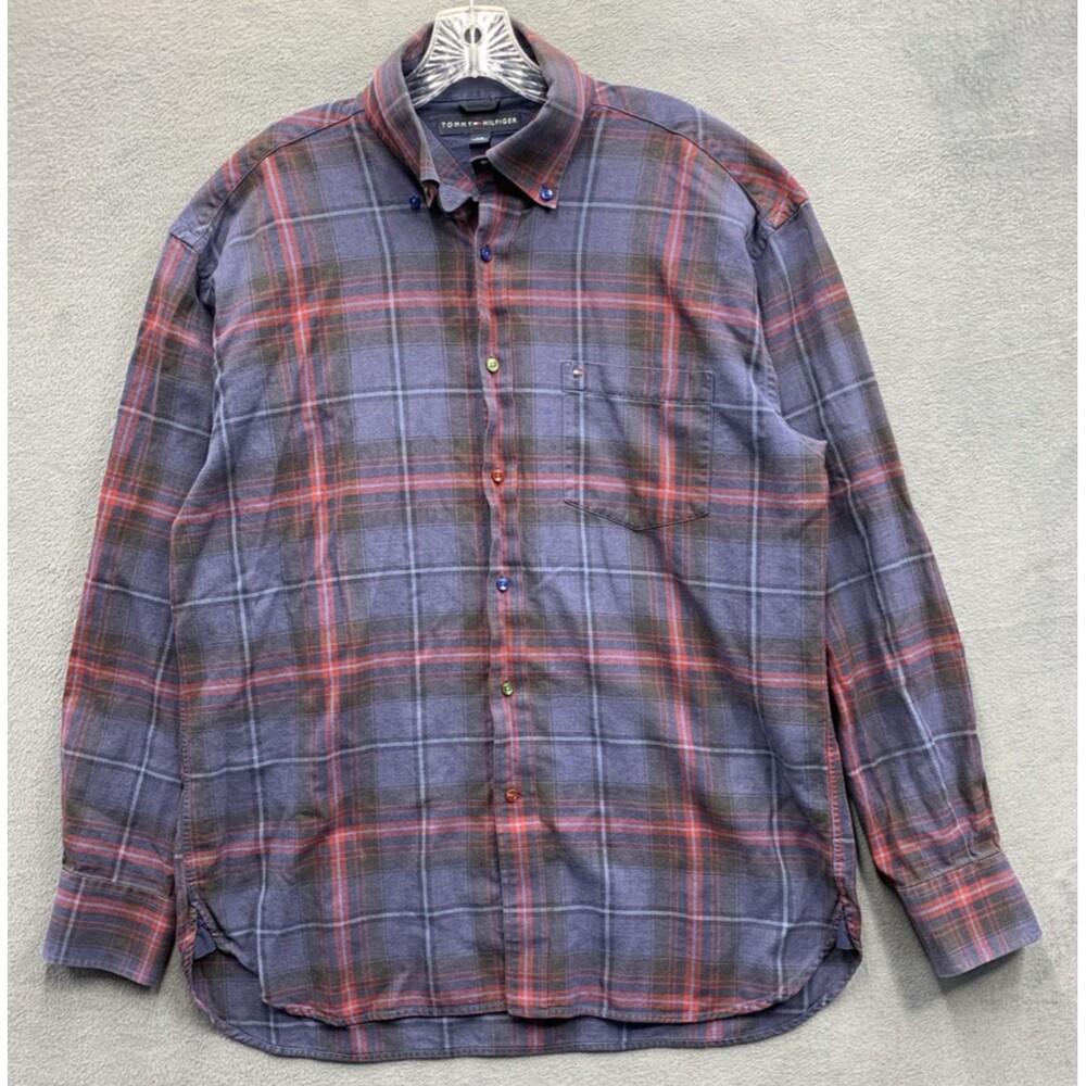 Vtg Tommy Hilfiger Button Down Shirt Men's Blue Plaid Check Long Sleeve Large